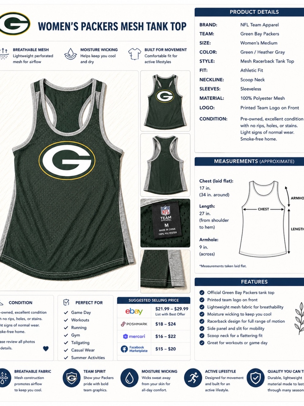 NFL Green Heather Gray Women's Packers Mesh Tank Top